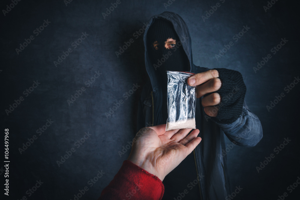 Drug dealer offering narcotic substance to addict on the street - obrazy, fototapety, plakaty 