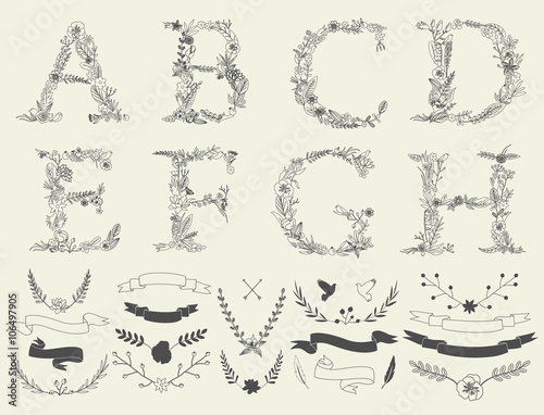 Letters A, B, C, D, E, F, G, H. Floral elements of alphabet