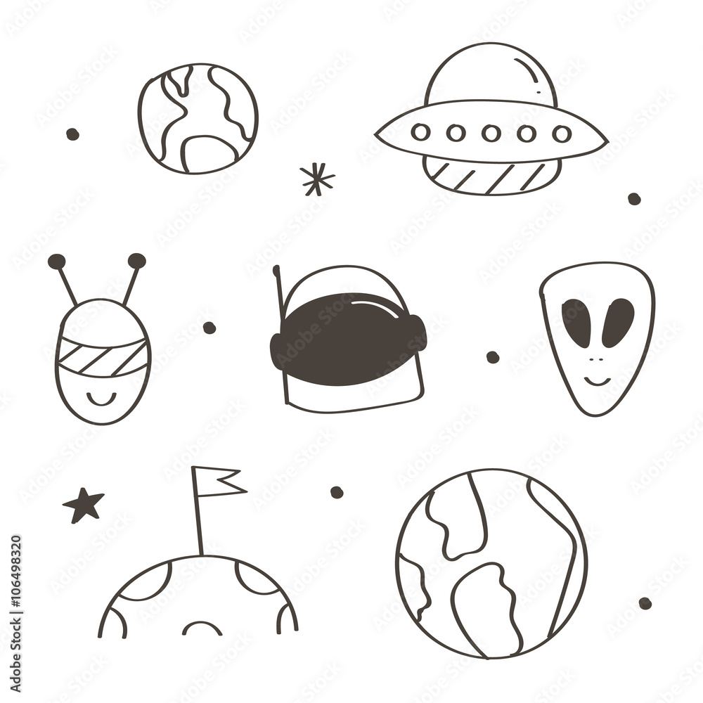 Set of cute monochrome space doodles isolated on white background ...