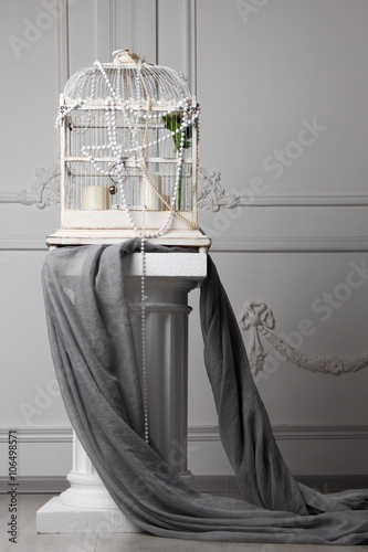 Bird cage stands on Ionic column./Bird cage stands on Ionic column.
