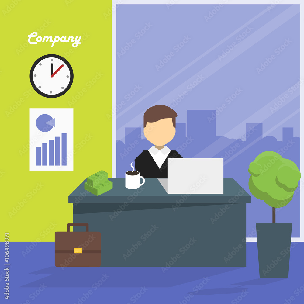 Manager sitting in the office behind a desk in front of laptop. On the coffee table and a calendar. Behind the large window and city skyline silhouette. On the wall chart. Before the table portfolio. Manager sitting in the office behind a desk in front of laptop. On the coffee table and a calendar. Behind the large window and city skyline silhouette. On the wall chart. Before the table portfolio.