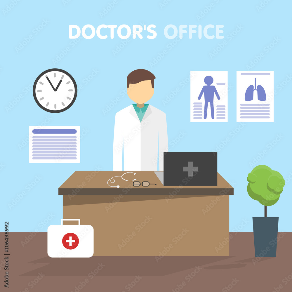 Doctor in his office at his workplace. On the table are tools and laptop. Before the desk first aid kit. On the wall hang conceptual outpatient card. Vector illustration in a flat style.