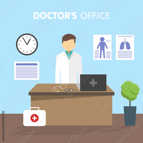 Doctor in his office at his workplace. On the table are tools and laptop. Before the desk first aid kit. On the wall hang conceptual outpatient card. Vector illustration in a flat style.