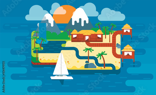 Paradise island, colorful cute vector illustration. Island with palm trees and houses. Vector illustration in flat style.