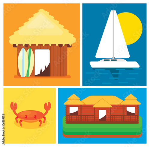 Elements of the concept leisure on island. House  sailing boat  crab  cottage. Vector illustration in a flat style.