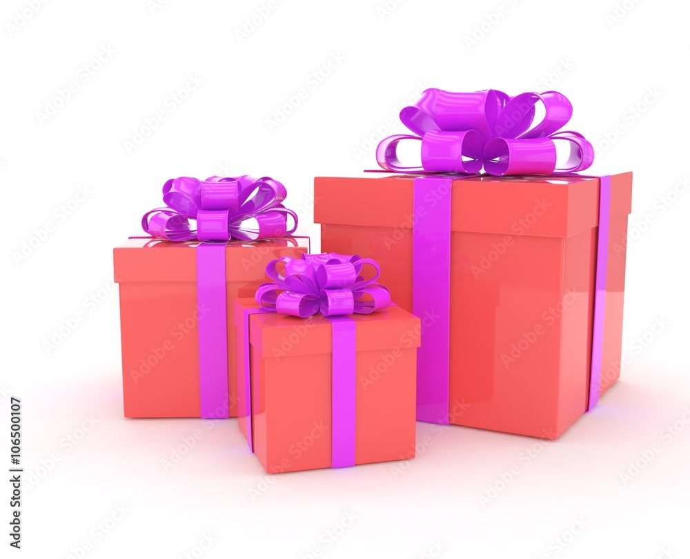 three gift boxes with bows isolated on white. 3D rendering.