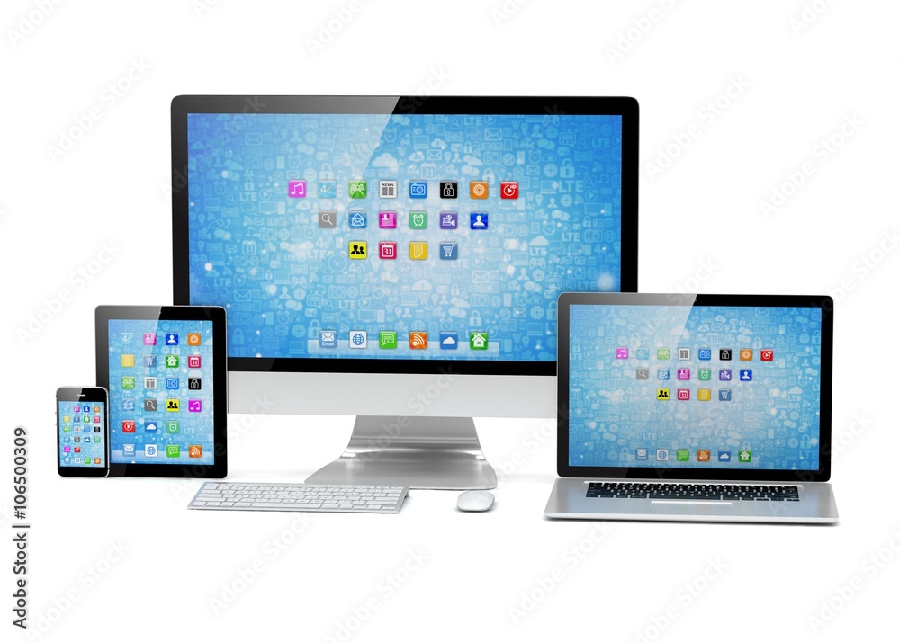 Ultimate web design, laptop, smartphone, tablet, computer, display. 3D rendering. Ultimate web design, laptop, smartphone, tablet, computer, display. 3D rendering.