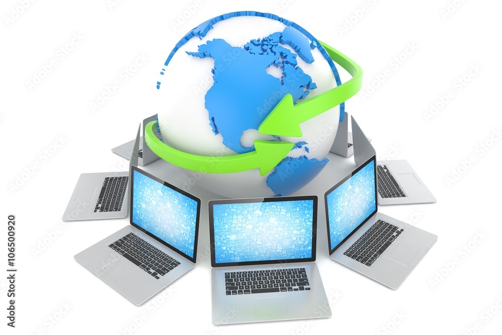 Laptop network around earth globe. 3d render Laptop network around earth globe. 3d render