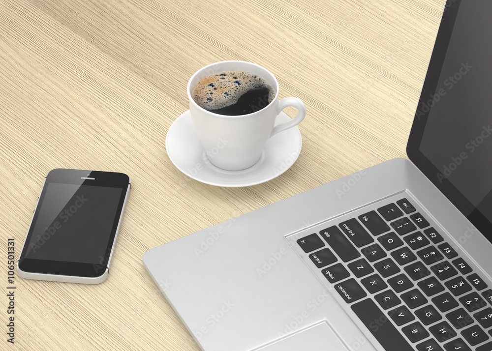 © Natalia Merzlyakova - Laptop smartphone and coffee cup on wood table. 3D rendering.