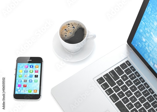 Laptop smartphone and coffee cup. 3D rendering.