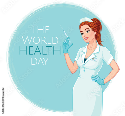 Vector illustration. Medicine. Attractive young nurse with a syringe in her hand