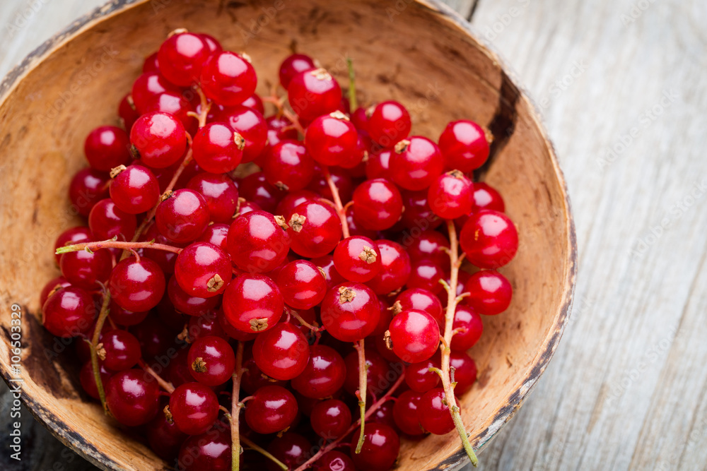 Redcurrant on a branch close to a wooden bowl. Redcurrant on a branch close to a wooden bowl.