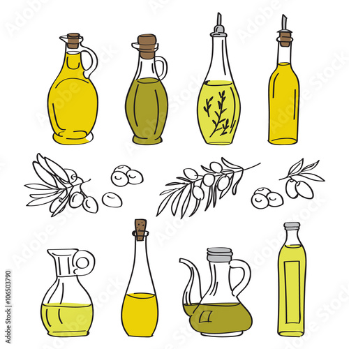 Hand drawn sketch - collection of olive oil bottles  with olive branches and olive berries. Great design elements for olive oil products.
