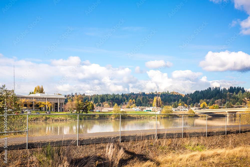 landscape of river with iron gauze in blue sky in portland