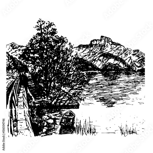 background landscape view of beach, wooden bridges and trees on the background of mountains and the lake of Mondsee in Austria, near Salzburg sketch hand drawn vector illustration