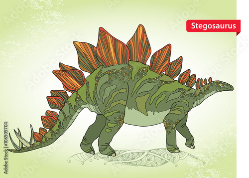 Vector illustration of Stegosaurus armatus or covered lizard on the green background. Series of prehistoric dinosaurs. Fossil animals and reptiles in contour style.
