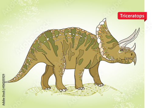 Vector illustration of Triceratops from family of large horned dinosaurs on the green background. Series of prehistoric dinosaurs. Fossil animals and reptiles in contour style.