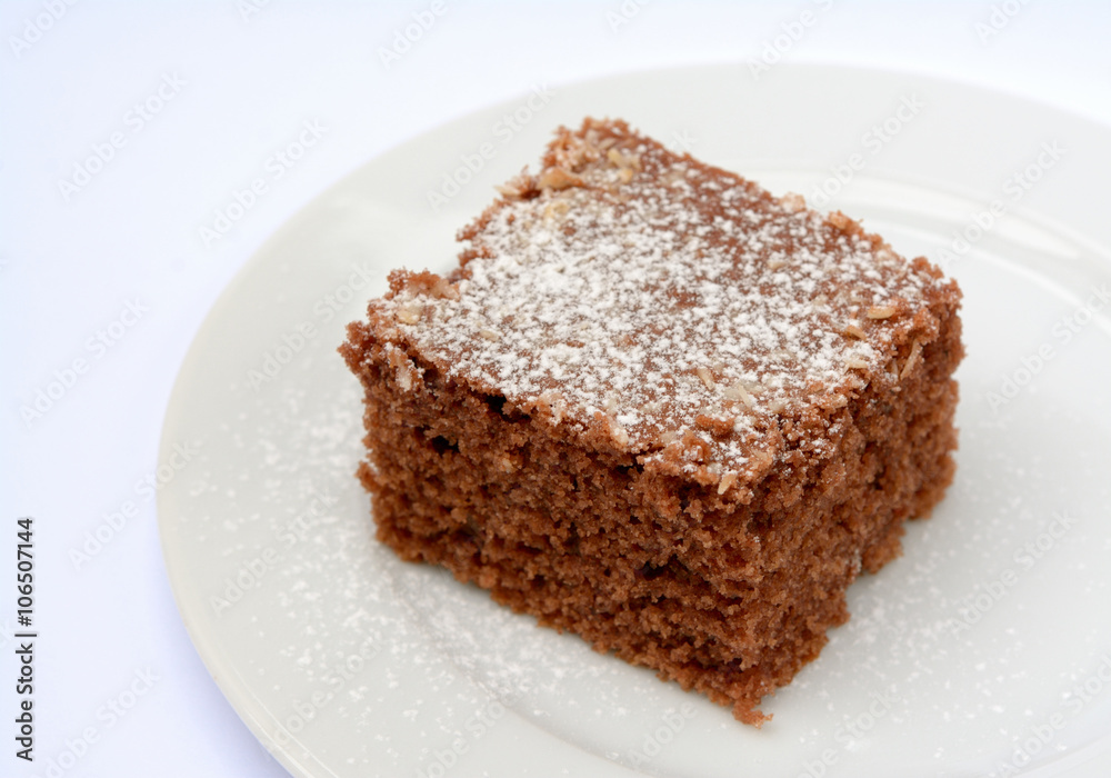 Cocoa dessert with coconut sprinkled with powdered sugar