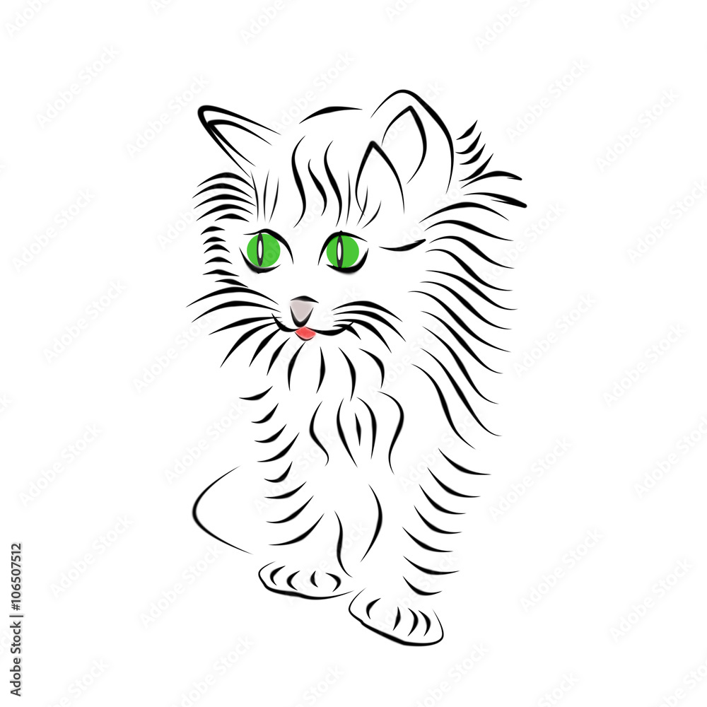 Котенок пушистый, рисунок. Силуэт котенка, линии черные на белом фоне.  Stock-Illustration | Adobe Stock