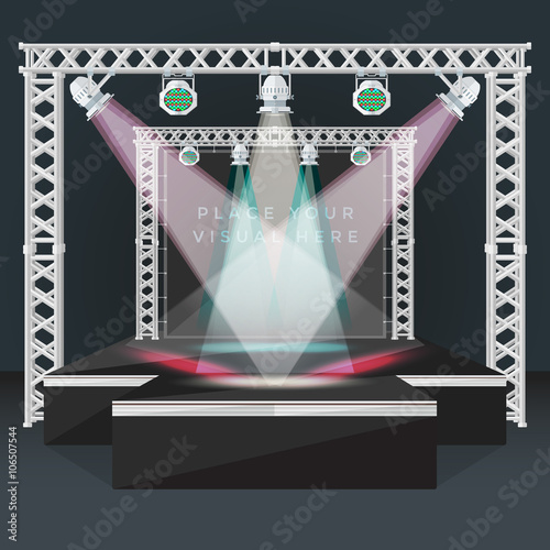 color flat podium stage banner back lights truss illustration.