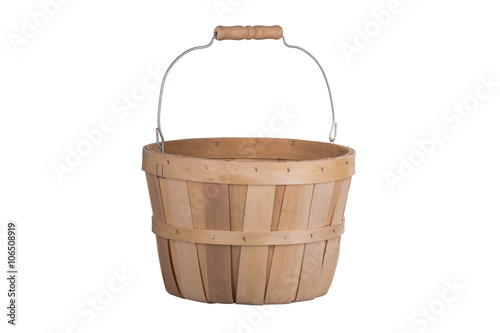 Old fashioned wooden basket 3/4 view  isolated on white