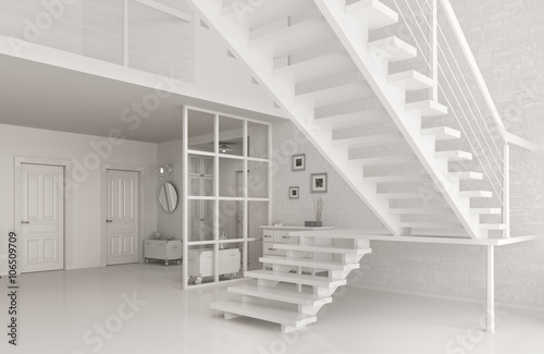 Interior of white hall with staircase 3d rendering
