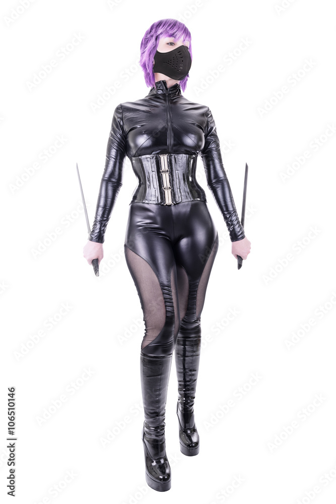 Sexy masked woman holding blades, isolated on white background.