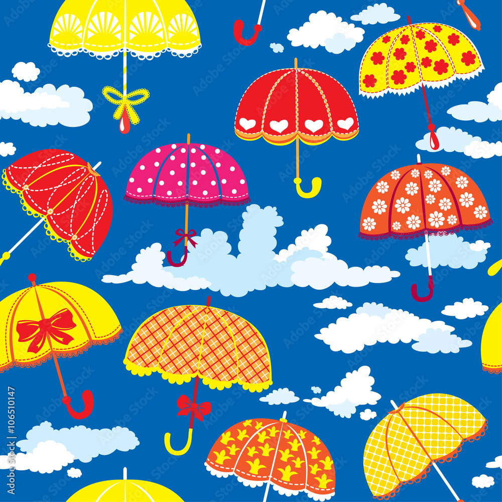Obraz premium seamless pattern with colorful umbrellas and clouds on blue back