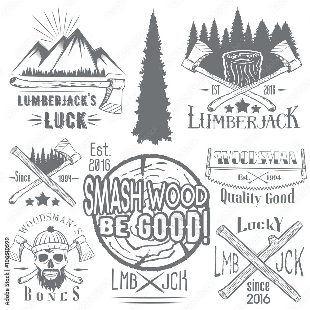 Vector set of lumberjack and woodsman vector labels in vintage style. Wood work, manufacture emblems templates.