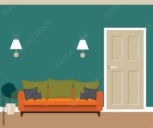 living room with door and sofa