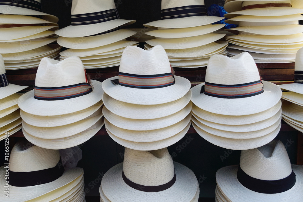 Group of summer hats on market