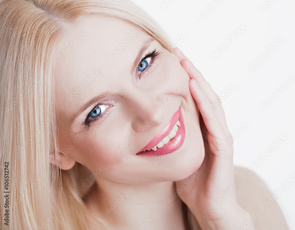 Studio, face, blue eyes, smile teeth, hand, white background Studio, face, blue eyes, smile teeth, hand, white background