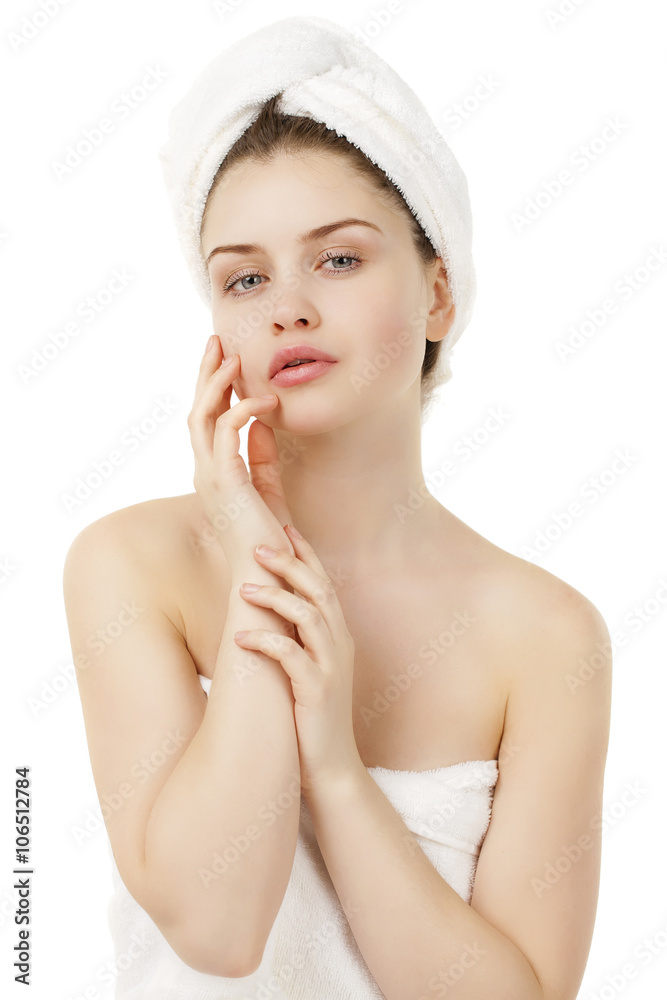 Portrait of Fresh and Beautiful brunette woman wearing white tow Portrait of Fresh and Beautiful brunette woman wearing white tow