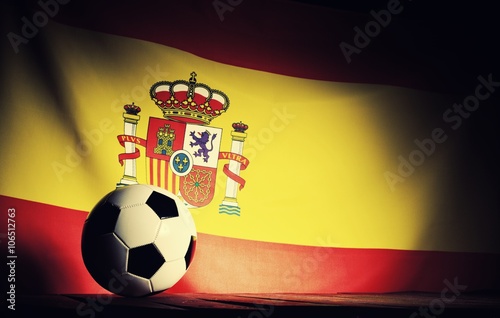 Obraz na płótnie Flag of Spain with football on wooden boards as the background. Vintage Style. w salonie