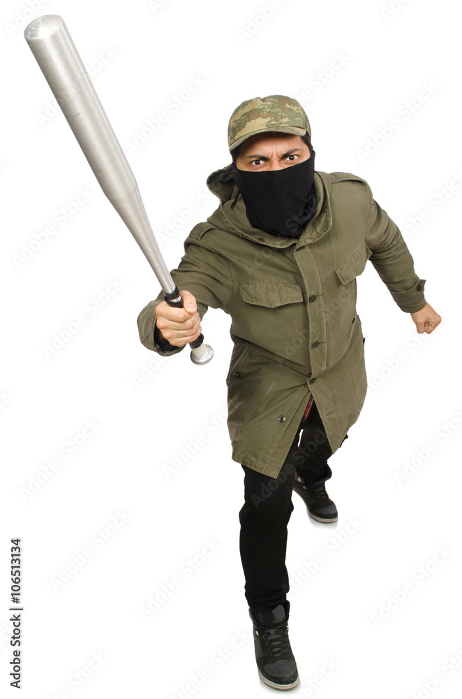 Funny man with baseball bat isolated on white Funny man with baseball bat isolated on white