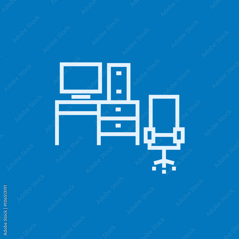 Computer set with table and chair line icon.