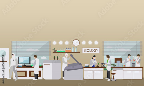 Scientist working in laboratory vector illustration. Science lab interior. Biology education concept.