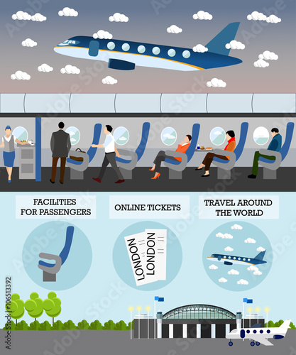 Airline travel passengers concept vector banner. People in airplane. Aircraft transport interior