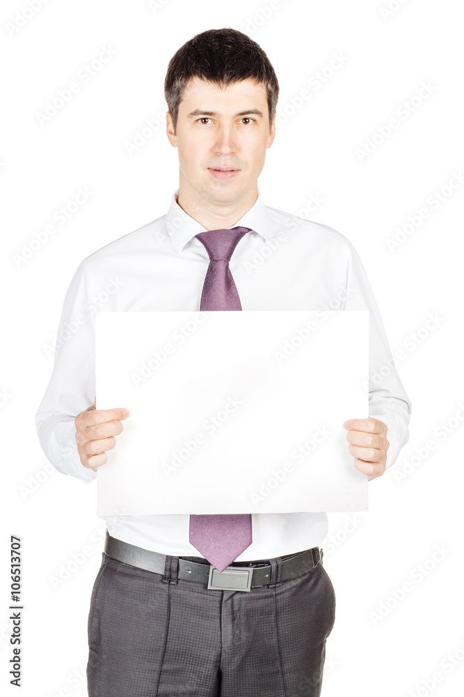 Portrait of young business man holding a blank banner. Portrait of young business man holding a blank banner.