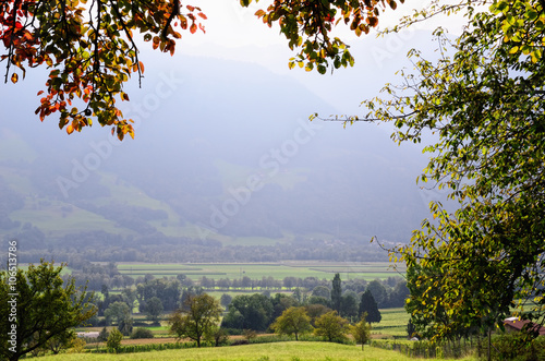 View of Rhine Valley (from Road between Municipalities of Jenins and Malans, Landquart District, Maienfeld Circle, Canton of Graubünden, Switzerland), Framed by Early Autumn Foliage photo