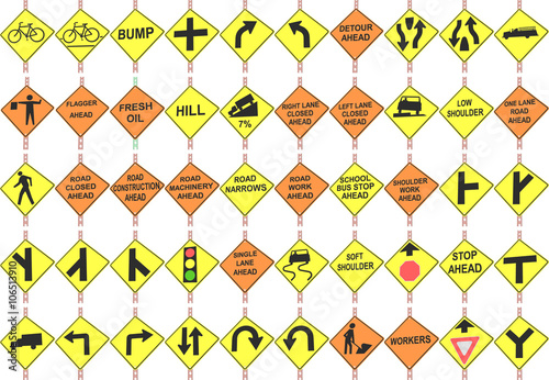 30 sets of road yellow sing (roadsing, traffic sing) vector on w photo