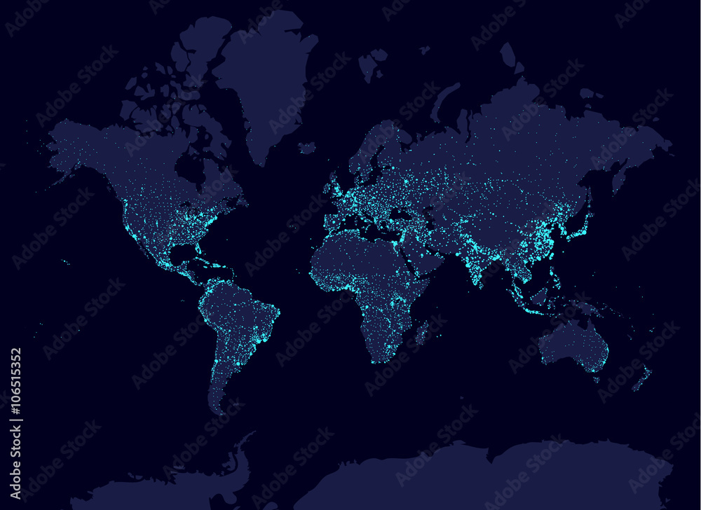 Fototapeta premium Mapa świata w nocy, koncepcja dnia na ziemi, największe miasta na świecie. Blask elementów infograficznych. Idea urbanizacji i globalizacji. aqua neonowy luminanse. Elementy Hud