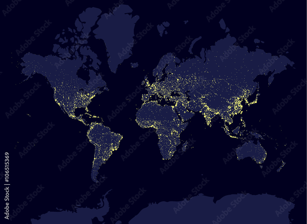 Fototapeta premium Mapa świata w nocy, koncepcja dnia na ziemi, największe miasta na świecie. Blask elementów infograficznych. Idea urbanizacji i globalizacji. yello neonowy luminanse. Elementy Hud