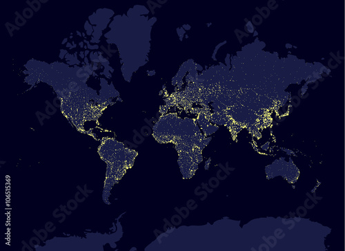Earth at night world map, earth day concept, world population biggest cities. Glow infografic elements. Urbanization and globalisation idea. yello neon luminanse. Hud elements