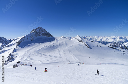 Ski slops on the top of the glacier in the Alps.