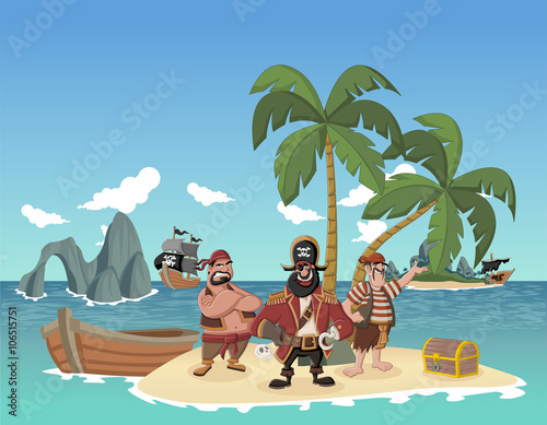 Cartoon pirates on a beautiful tropical beach with gold chest