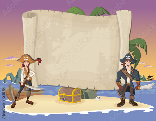 Big pirate map and cartoon pirates on a beautiful tropical beach