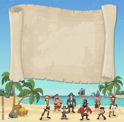Big pirate map and cartoon pirates on a beautiful tropical beach 
