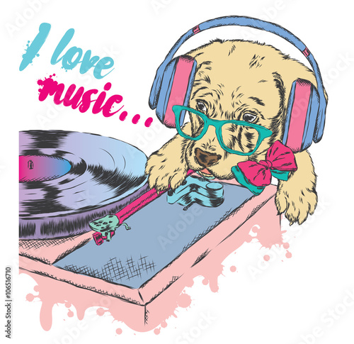 Funny Puppy behind the decks. Cute dog. Vector illustration.
