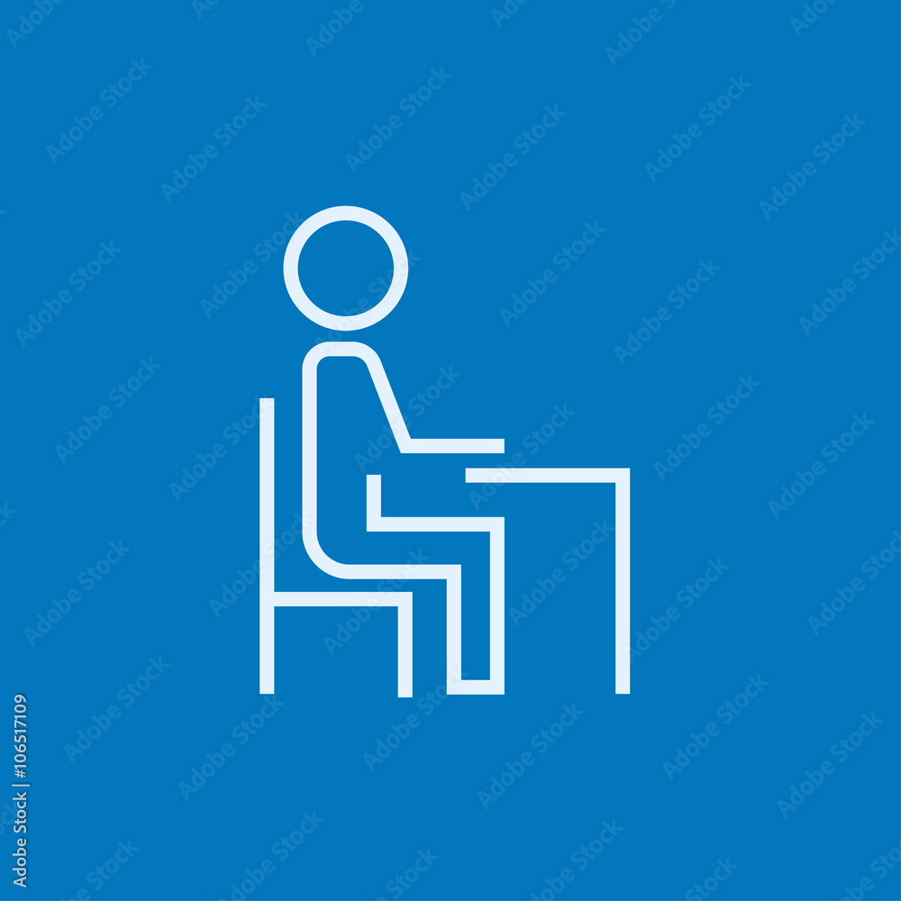 Student sitting on chair at the desk line icon.